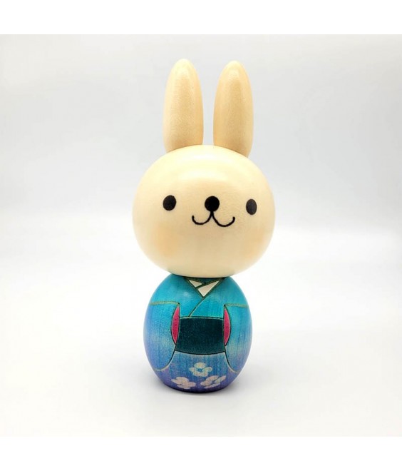 Kokeshi Lapin Kimono "Usagi" Bleu