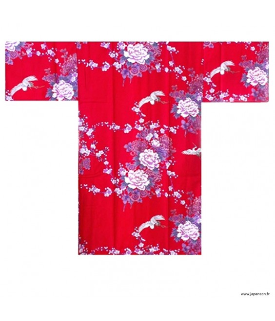 Kimono Happi Jacket "Flying Cranes & Peony" Red