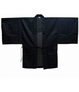 Haori japonais Ryokan en coton shantung texturé noir avec poches, taille unique, Made in Japan