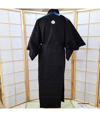 Kimono japonais noir “AOI” – Coton supérieur & motif kamon | Japanzen