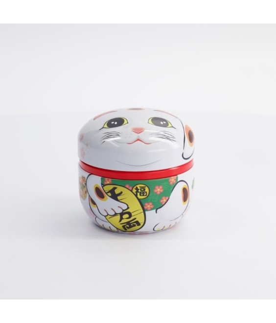 Boîte à thé Chat Japonais blanche – 100 g – Acier inoxydable – Maneki Neko Japon