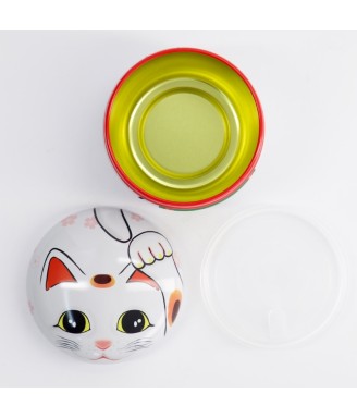 Boîte à thé Chat Japonais blanche – 100 g – Acier inoxydable – Maneki Neko Japon