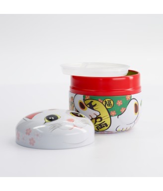 Boîte à thé Chat Japonais blanche – 100 g – Acier inoxydable – Maneki Neko Japon