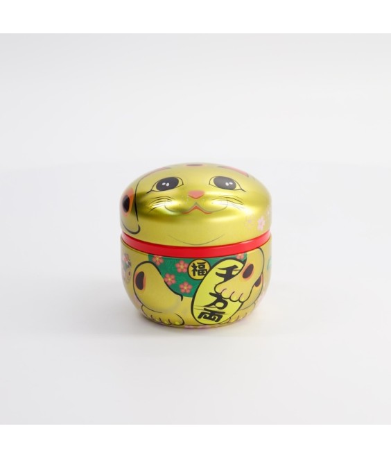 Boîte à thé Chat Japonais Dorée – 100 g – Acier inoxydable – Maneki Neko Japon