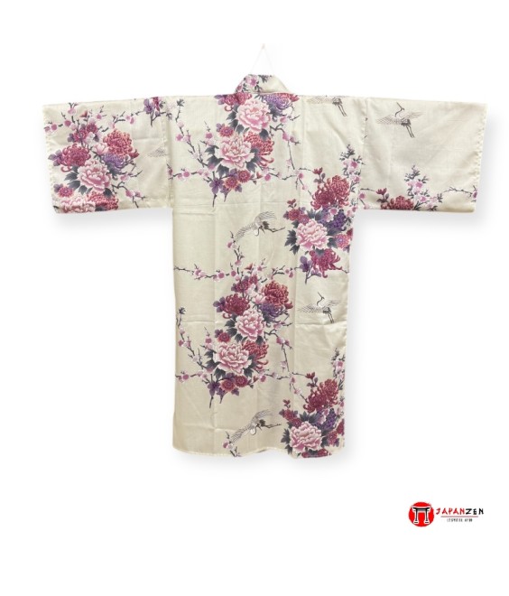 Kimono Happi Coat "Flying Cranes & Peony" Ivory White