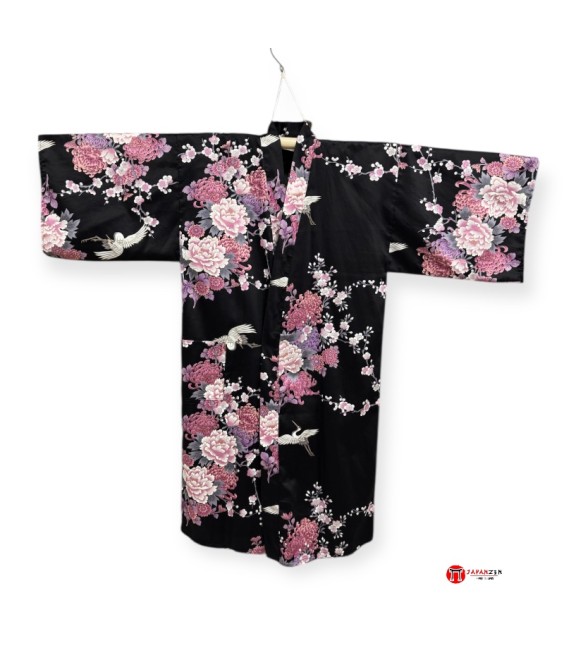 Kimono Happi Jacket "Flying Cranes & Peony" Black