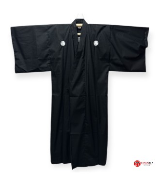 Black Japanese Kimono “AOI” – Premium Cotton & Kamon Motif | Japanzen