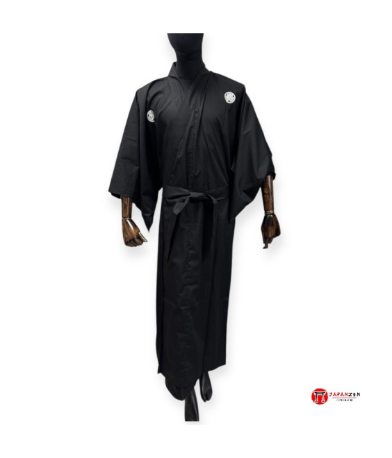 Black Japanese Kimono “AOI” – Premium Cotton & Kamon Motif | Japanzen