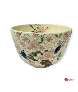 Bol à Matcha Japonais Kyo-Yaki Sakura et Oiseaux – Chawan artisanal Kyoto | Japanzen