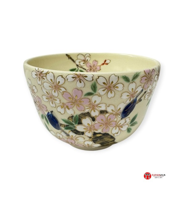 Bol à Matcha Japonais Kyo-Yaki Sakura et Oiseaux – Chawan artisanal Kyoto | Japanzen