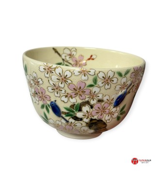 Bol à Matcha Japonais Kyo-Yaki Sakura et Oiseaux – Chawan artisanal Kyoto | Japanzen