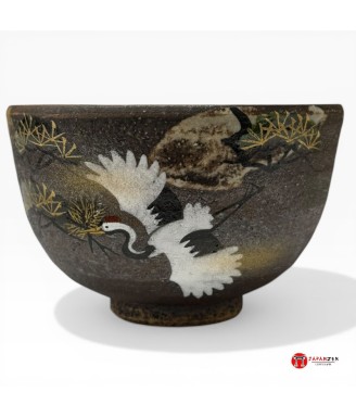 bol matcha japonais artisanal kyo yaki grues du japon et pin japonais