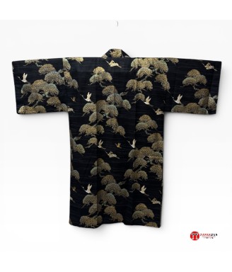 Japanese Kimono Happi Jacket - Matsu & Tsuru Black | Japanzen