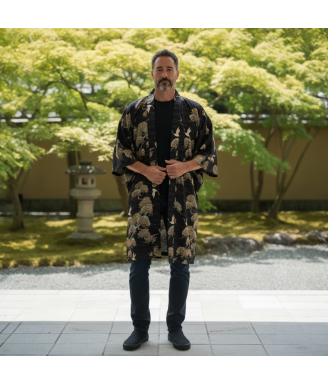 Veste Kimono japonaise happi - Matsu & Tsuru noir | Japanzen