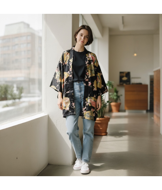 veste kimono japonais femme motif fleurs de prunier et grues du japon 100% coton fabriqué au japon