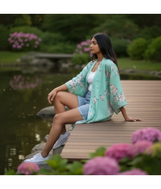Veste kimono japonaise femme Sakura turquoise | Japanzen