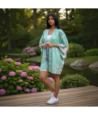Women’s Japanese Hanten Kimono Sakura Turquoise | Japanzen