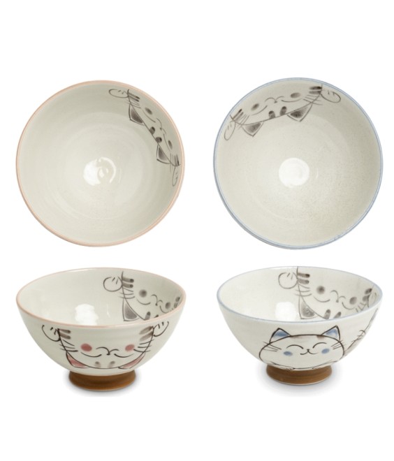 bol japonais motifs chats 11.5cm en porcelaine coloris rose ou bleu