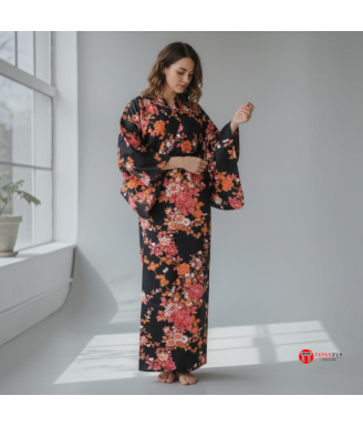 yukata japonais femme coton motif erable du japon porté par un modèle