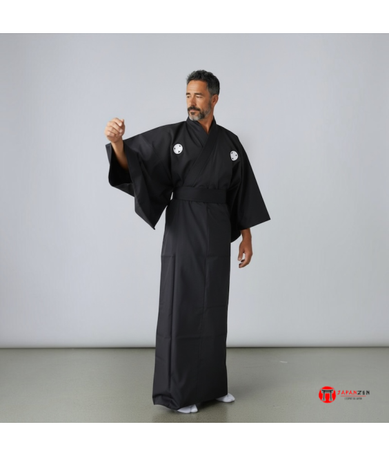 kimono japonais homme noir en coton kamon tokugawa