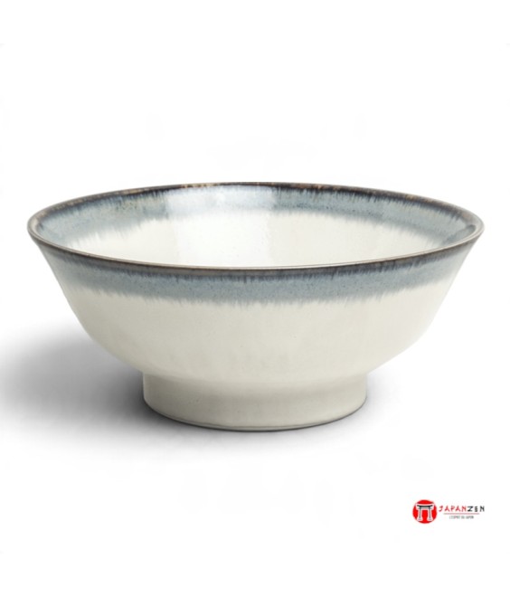 Bol à ramen Aurora fabriqué au Japon, ivoire et bleu-gris, 22 cm
