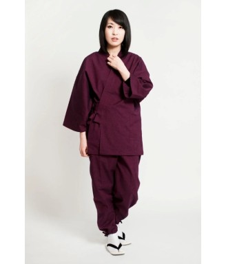 Samue japonais femme Kurume-ori Prune profond, veste et pantalon en coton
