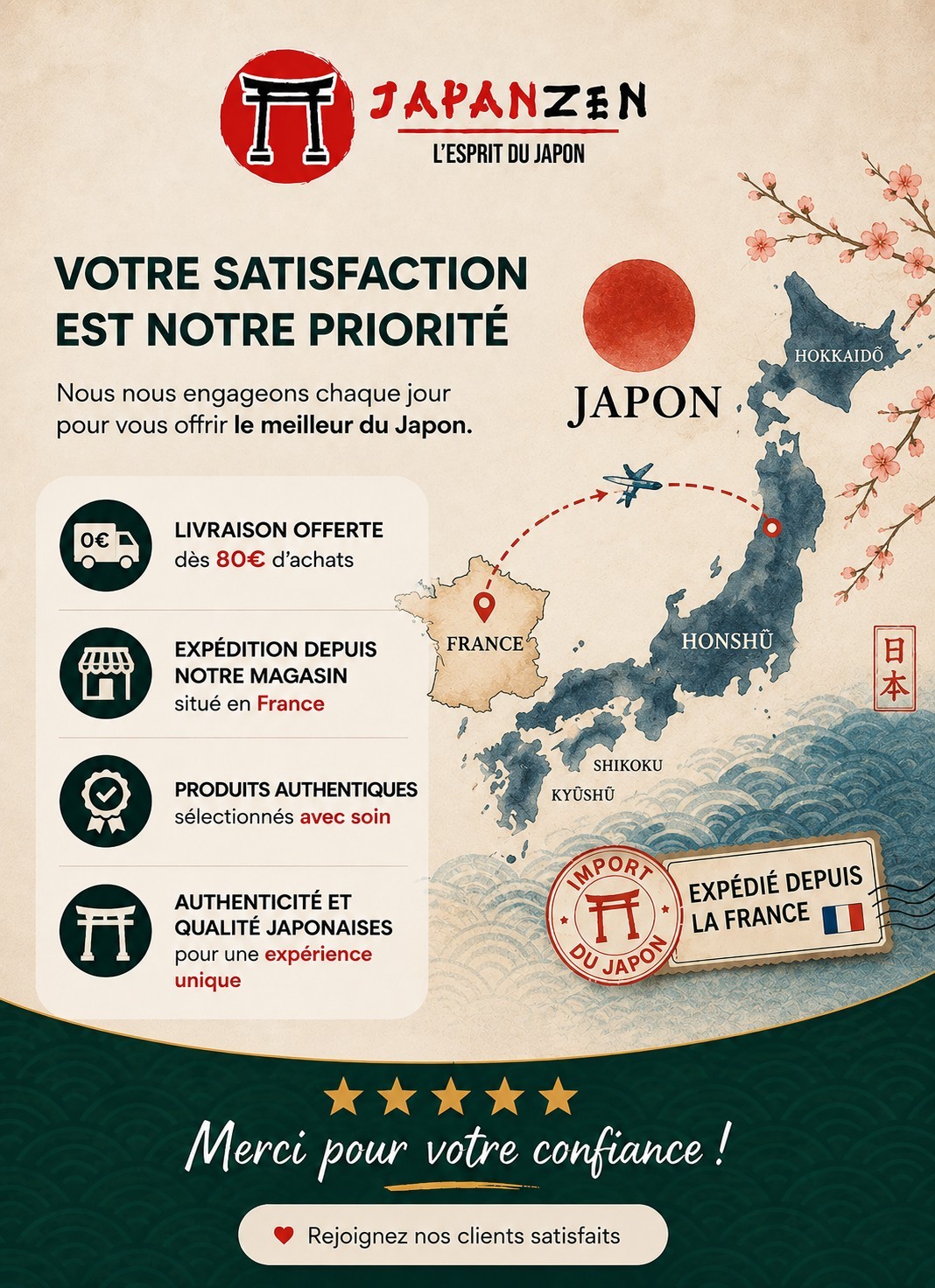 Import direct du Japon, expédition depuis la France et sélection rigoureuse de produits authentiques pour vous faire découvrir le meilleur de l'art de vivre japonais.