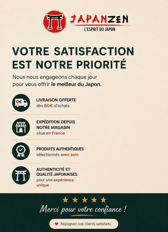Import direct du Japon, expédition depuis la France et sélection rigoureuse de produits authentiques pour vous faire découvrir le meilleur de l'art de vivre japonais.